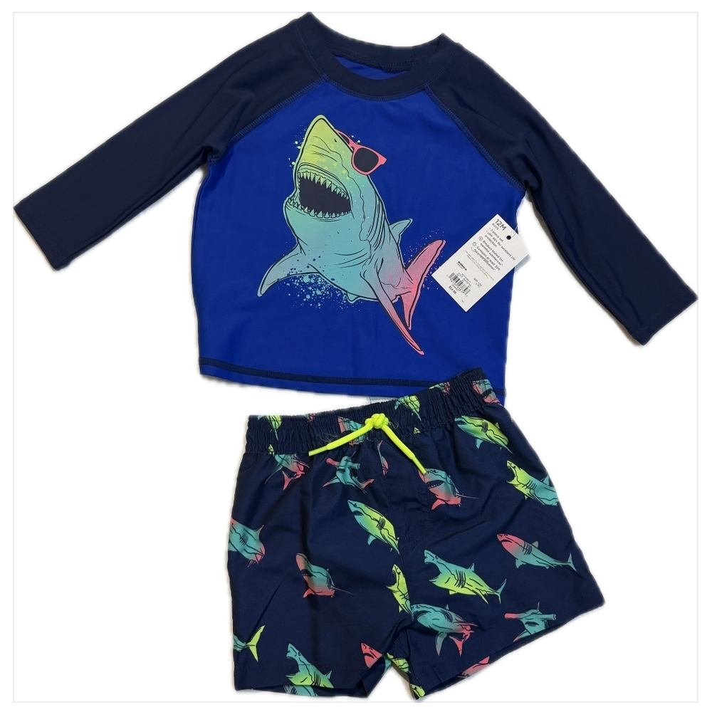 Jumping Beans Navy and Neon Shark Rashguard Set